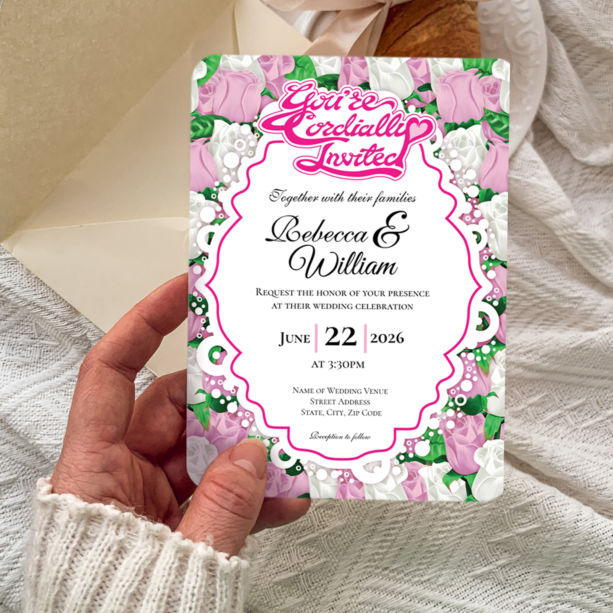 pink and white rose background art, customizable wedding card invitation stationary with hot pink hand lettering art.