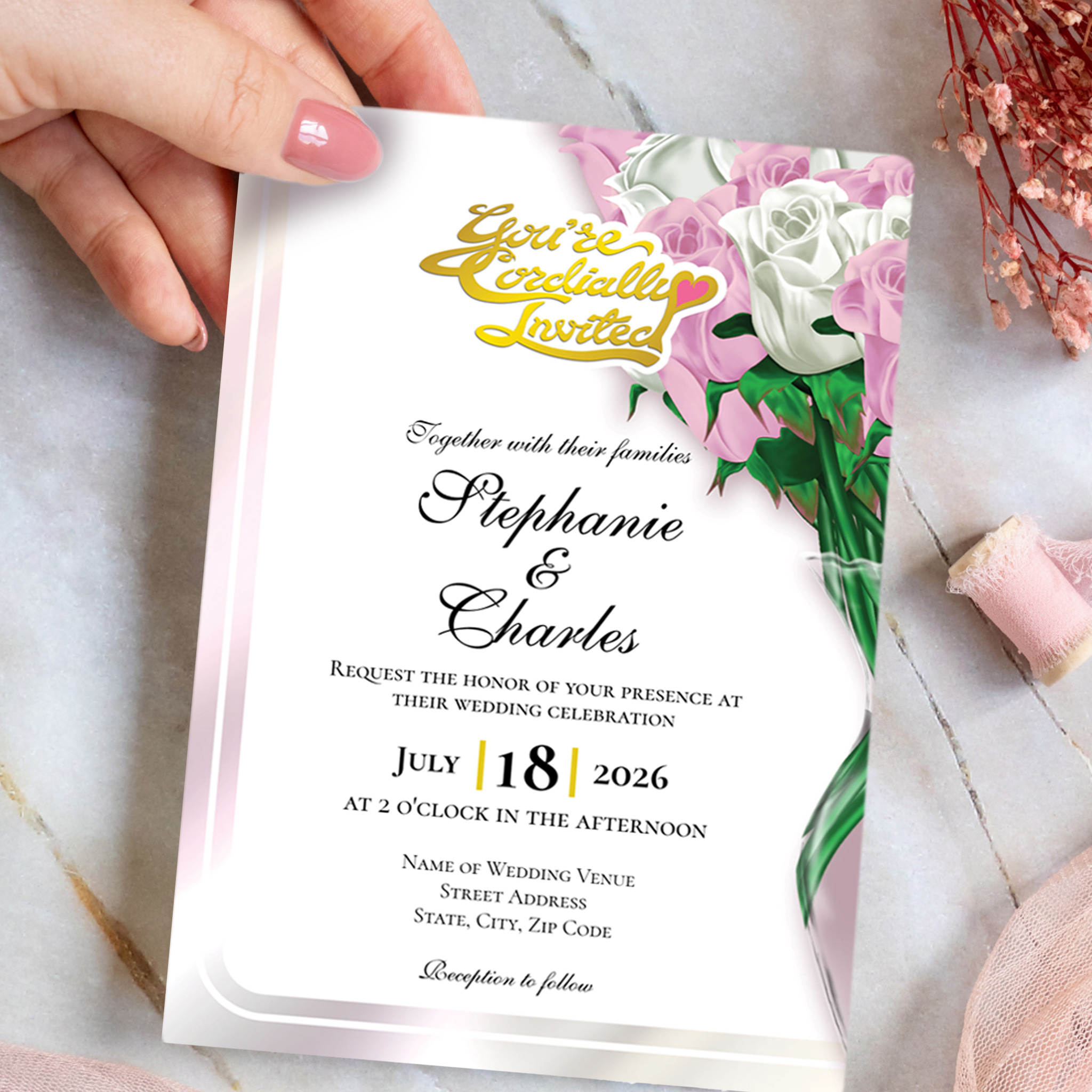 pink and white roses in vase art, customizable wedding card invitation stationary with gold hand lettering art.