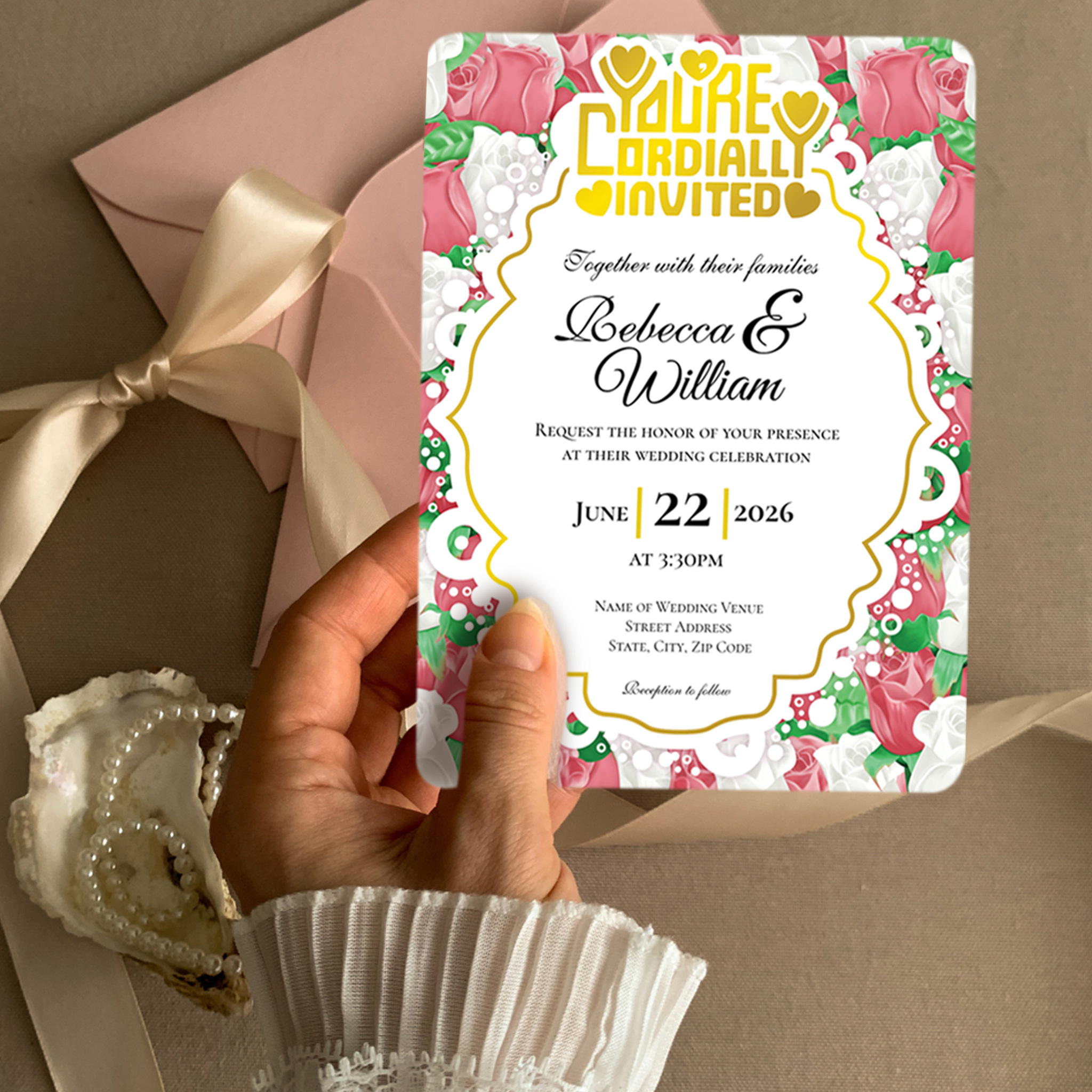 red and white rose background art, customizable wedding card invitation stationary with gold hand lettering art.